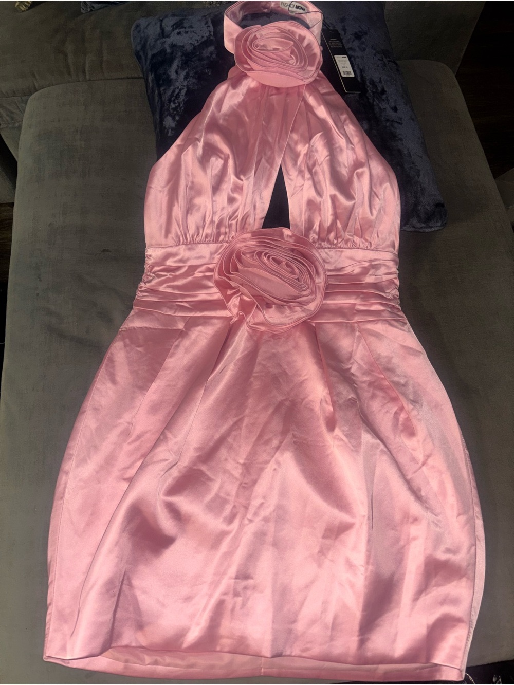 Fashion Nova Pink Satin Halter Dress with Rosette Accents